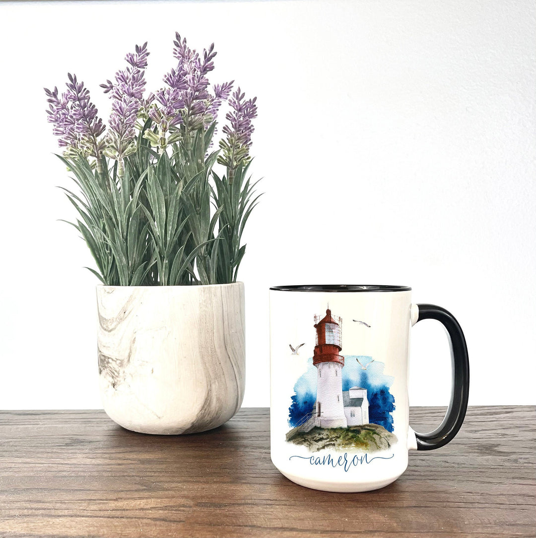 Personalized Coffee Mug,  Personalized name coffee mug, Lighthouse mug, coastal coffee mug, nautical coffee mug, custom coffee mug, boat mug
