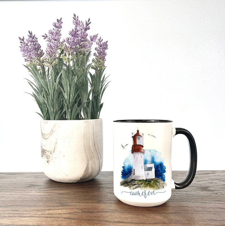 Personalized Coffee Mug,  Personalized name coffee mug, Lighthouse mug, coastal coffee mug, nautical coffee mug, custom coffee mug, boat mug
