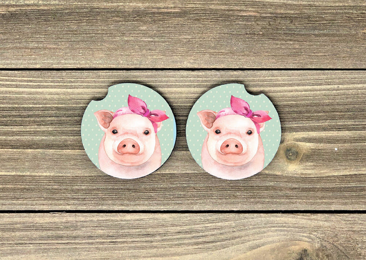 pig car coaster SET, Girl pig coaster, pig lover gifts, sandstone car coaster, 2 pack car coaster,  rubber car coaster, cup holder coaster