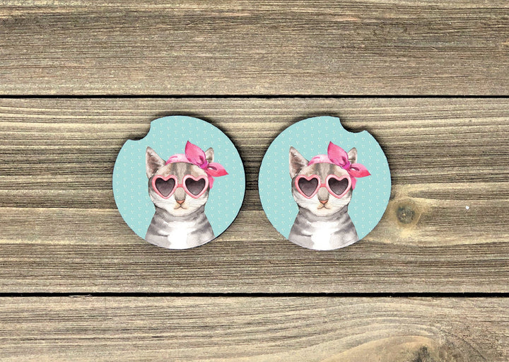 cat car coaster SET, diva cat car coaster, cat lover gifts, sandstone car coaster, 2 pack car coaster,  rubber car coaster, cup holder