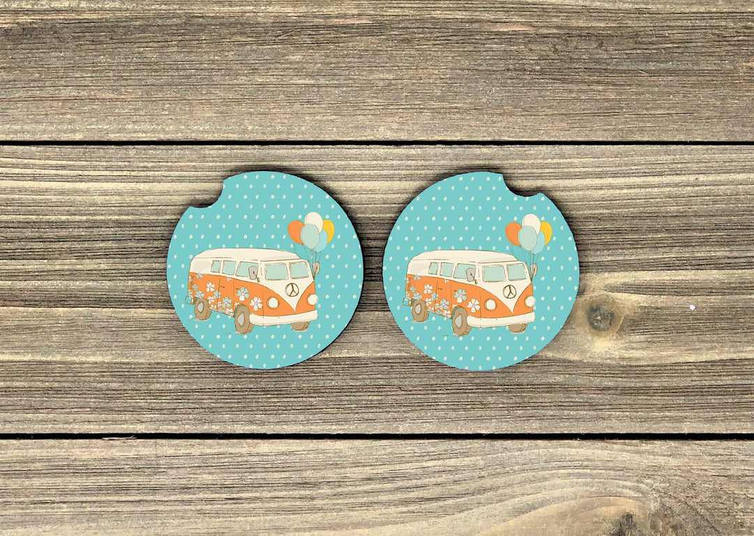 Van car coaster SET, van lover gifts, sandstone car coaster, 2 pack car coaster,  rubber car coaster, cup holder coaster, free spirit