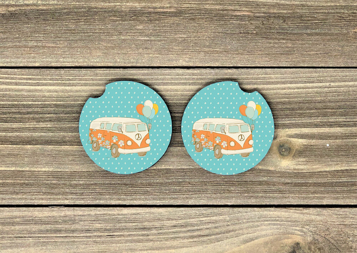 Van car coaster SET, van lover gifts, sandstone car coaster, 2 pack car coaster,  rubber car coaster, cup holder coaster, free spirit