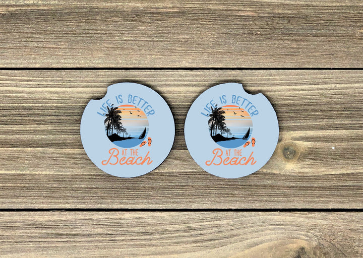 Beach car coaster SET, sandstone car coaster, 2 pack car coaster,  rubber car coaster, cup holder coaster,life is better at the beach coaste