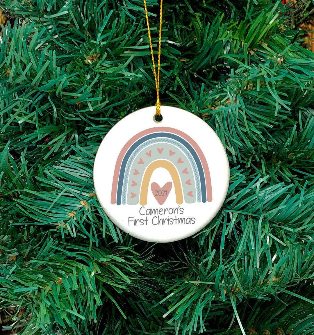 Personalized Boho Rainbow Baby's First Christmas Ornament, rainbow holiday ornament, baby's 1st ornament, baby shower gift, ceramic ornament