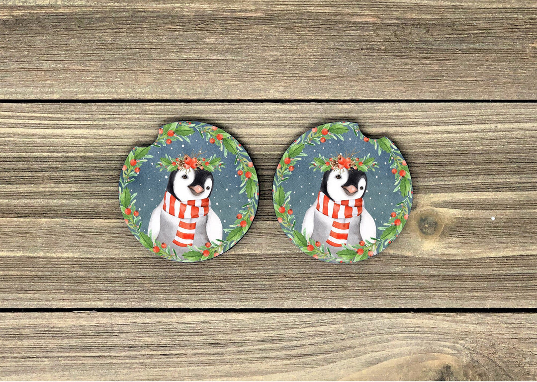 Penguin car coaster, penguin lover gifts, holiday car coaster, sandstone car coaster, christmas car coaster,  rubber car coaster, cup holder