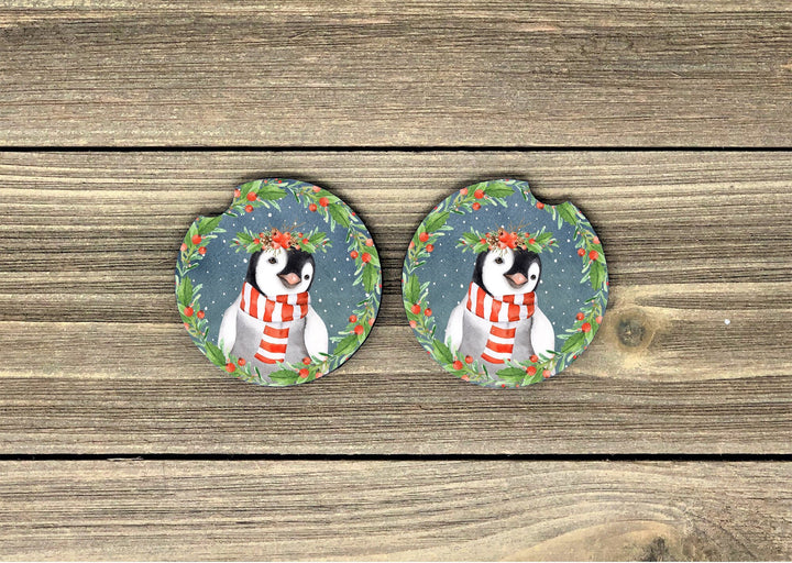 Penguin car coaster, penguin lover gifts, holiday car coaster, sandstone car coaster, christmas car coaster,  rubber car coaster, cup holder