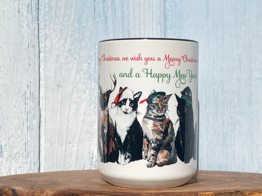 Merry Christmas Coffee Mug, meowy christmas mug, cat lover coffee mug, holiday coffee mug, we wish you a merry christmas, unique christmas
