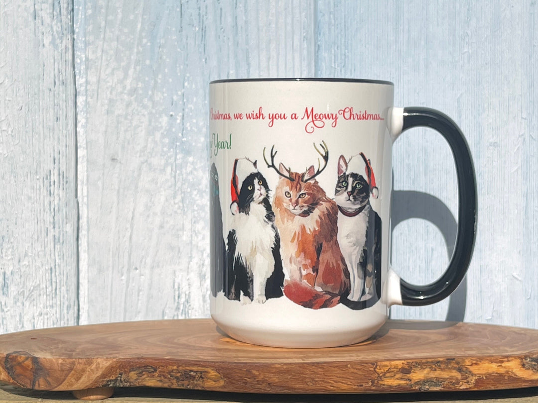 Merry Christmas Coffee Mug, meowy christmas mug, cat lover coffee mug, holiday coffee mug, we wish you a merry christmas, unique christmas