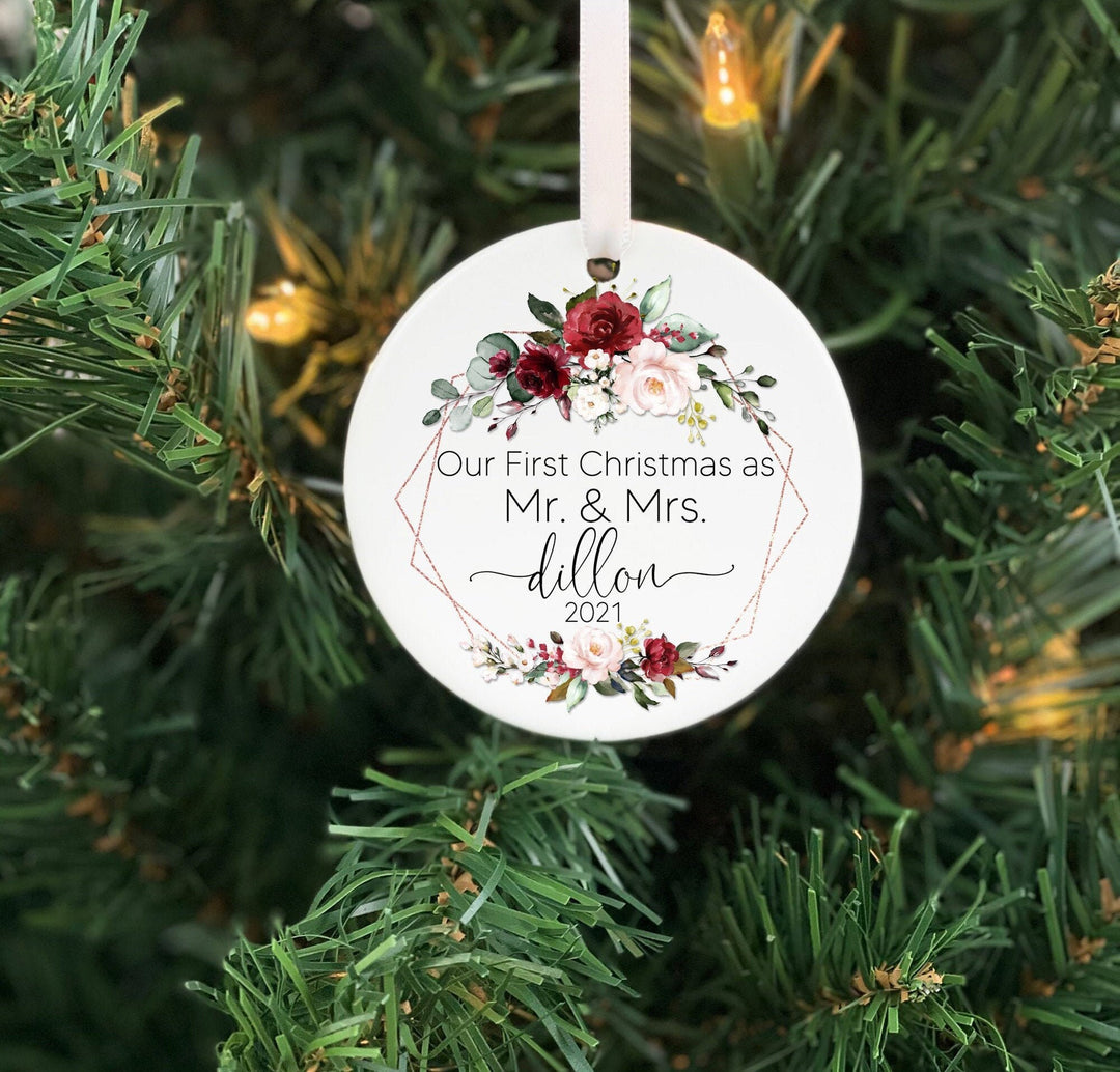 Our First as Mr and Mrs Christmas Ornament, Rustic First Christmas Married Ornament,  wedding gift ornament, first year married, flowers