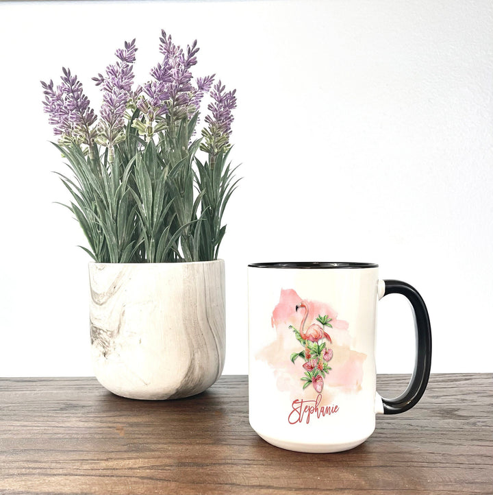 Pink Flamingo Coffee Mug,  Personalized name coffee mug, tropical coffee mug, custom coffee mug, beach coffee mug, personalized coffee mug