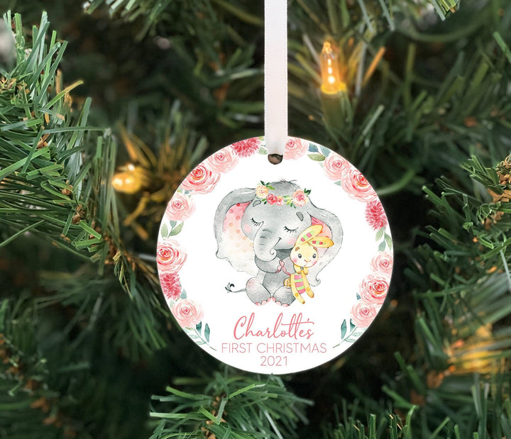 Babys First Christmas Ornament, Baby girl Personalized Ornament,  Elephant Ornament, Photo Ornament, baby shower gift, baby jungle, ceramic