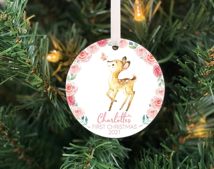 Babys First Christmas Ornament, Baby girl Personalized Ornament, Deer Ornament,  Photo Ornament, baby shower gift, baby woodland, ceramic