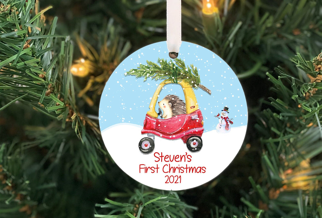 Babys First Christmas Ornament, Little red car ornament, Baby boy Personalized Ornament, Girl ornament, toy car ornament,  hedgehog ornament
