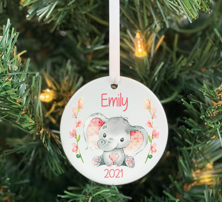 Kid's Pink Elephant Christmas Ornament, baby elephant Ornament, Kids Personalized Ornament, Girls Photo Ornament, Safari ornament