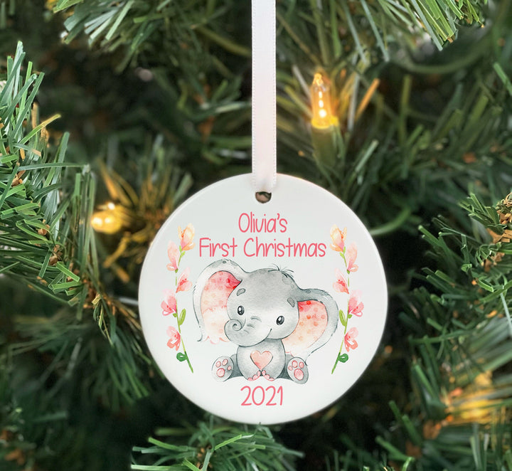 Kid's Pink Elephant Christmas Ornament, baby elephant Ornament, Kids Personalized Ornament, Girls Photo Ornament, Safari ornament