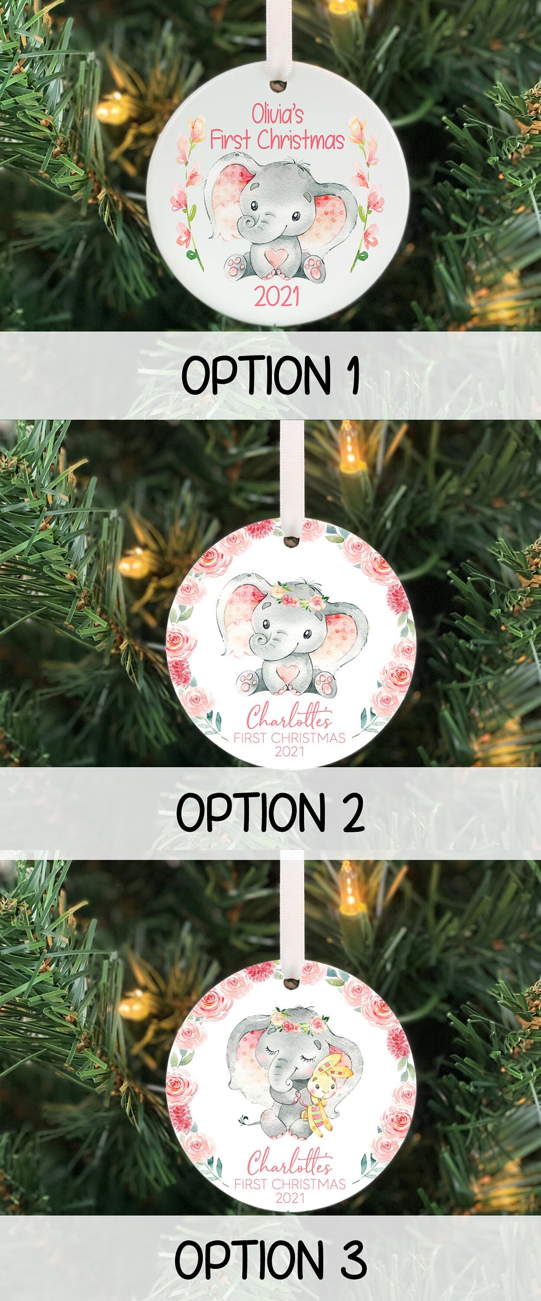 Babys First Christmas Ornament, Baby girl Personalized Ornament,  Elephant Ornament, Photo Ornament, baby shower gift, baby jungle, ceramic