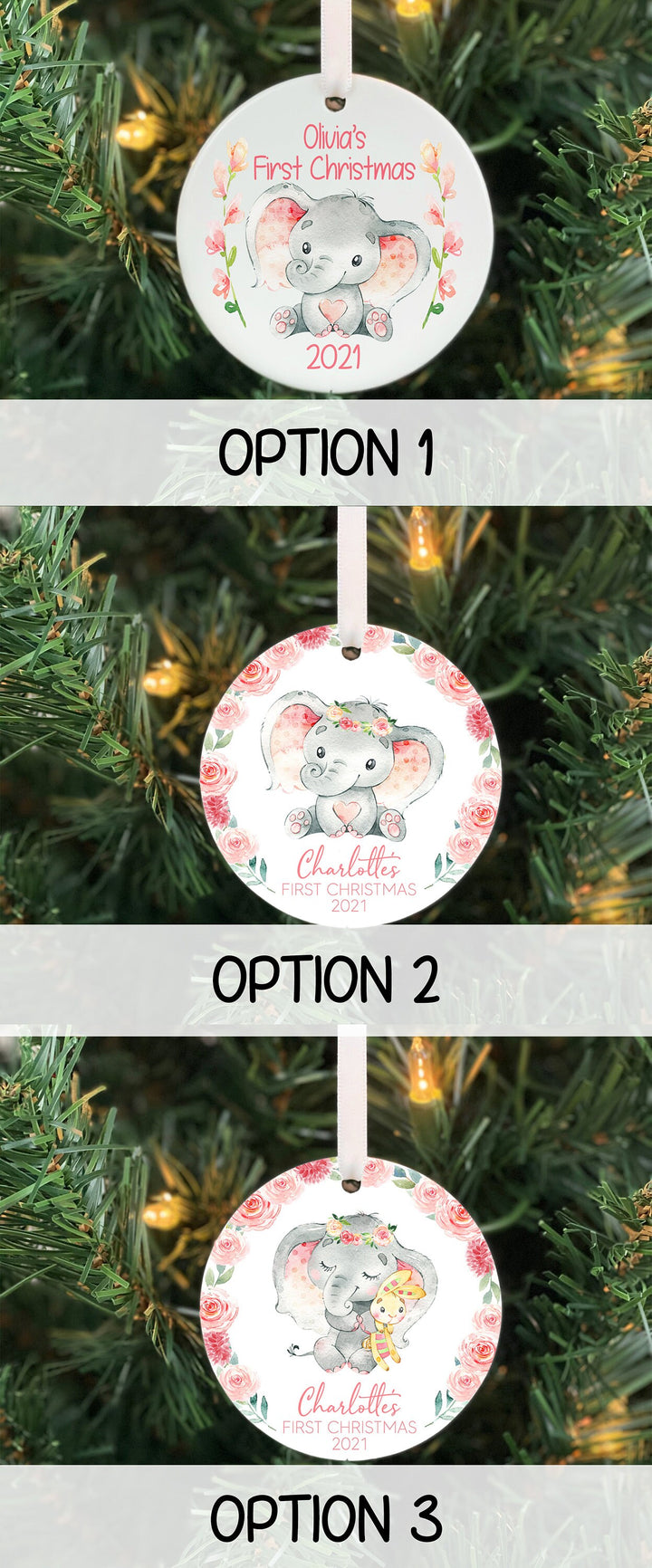 Babys First Christmas Ornament, Baby girl Personalized Ornament,  Elephant Ornament, Photo Ornament, baby shower gift, baby jungle, ceramic