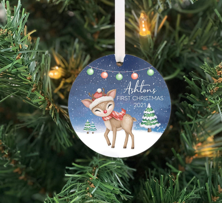 Babys First Christmas Ornament, Reindeer Baby Ornament, Photo Ornament, woodland babys first christmas, baby shower gift, baby gift, ceramic