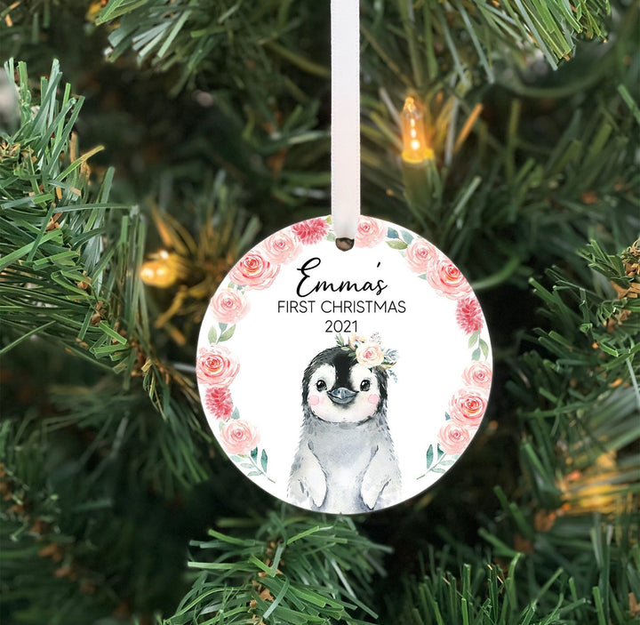 Baby's First Christmas Ornament, Penguin Ornament, Baby girl Personalized Ornament, Photo Ornament, baby shower gift, ceramic ornament