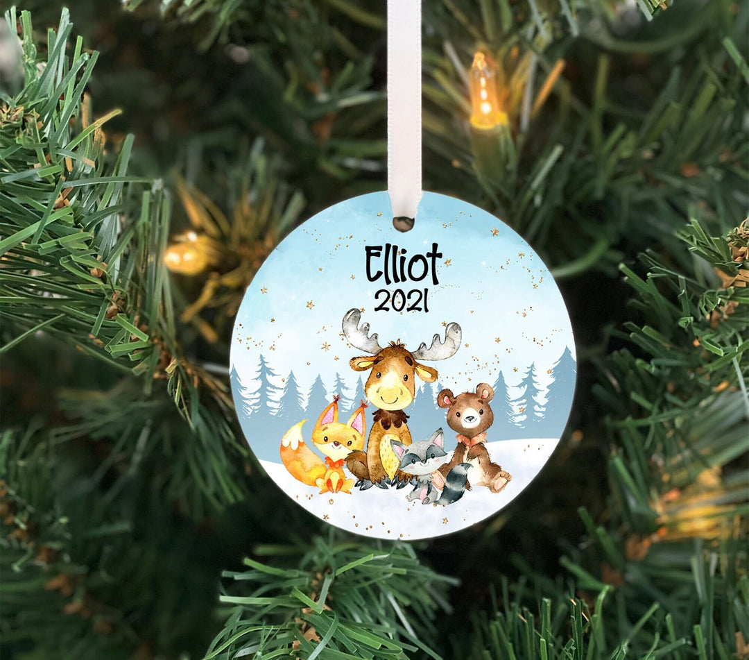 Children's Christmas Ornament, Woodland Ornament,  Kids Personalized Ornament, Photo Ornament, moose ornament, bear ornament, kids woodland