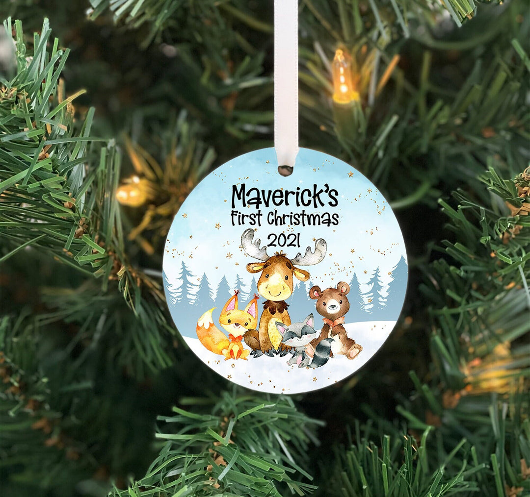 Babys First Christmas Ornament, Woodland animals Ornament, Baby boy Personalized Ornament, Baby girl ornament, Photo Ornament, baby shower
