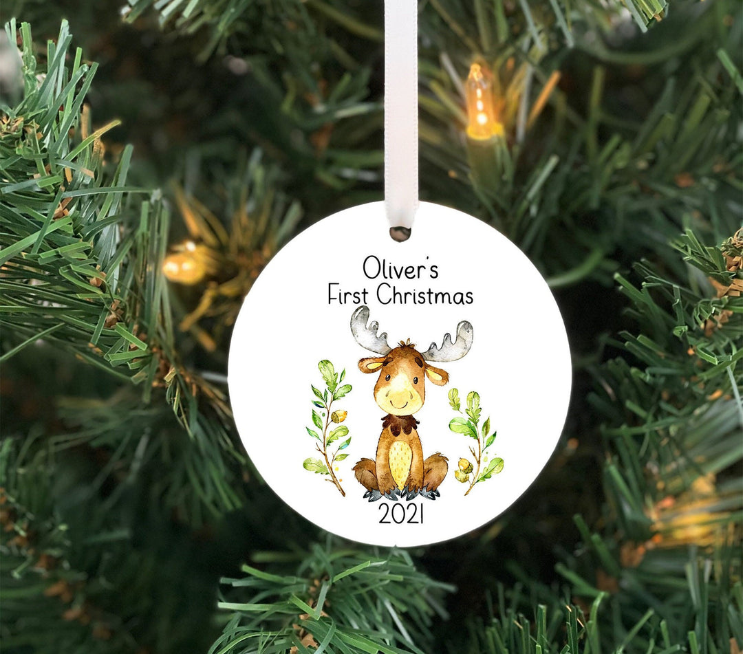 Babys First Christmas Ornament, Moose Ornament, Baby boy Personalized Ornament, Woodland ornament, Photo Ornament, baby shower gift, ceramic