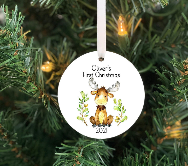 Babys First Christmas Ornament, Moose Ornament, Baby boy Personalized Ornament, Woodland ornament, Photo Ornament, baby shower gift, ceramic