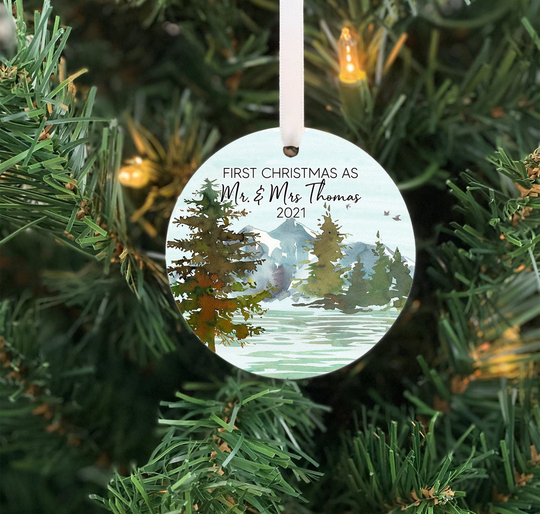 Our First as Mr and Mrs Christmas Ornament, First Christmas Married ornament, wedding gift ornament, rustic married ornament, mountain