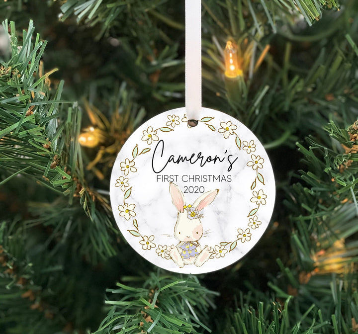 Babys First Christmas Ornament, Bunny Rabbit Ornament, baby shower gift, Baby GIRL ornament,  baby girl Ornament, Personalized Ornament