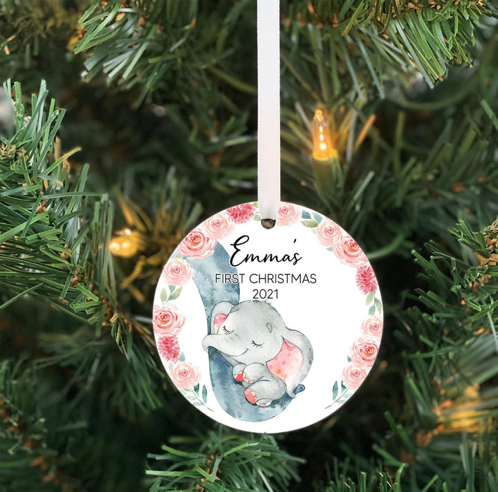Baby's First Christmas Ornament, Baby girl Personalized Ornament, Elephant Ornament,  Photo Ornament, baby shower gift, baby jungle, ceramic