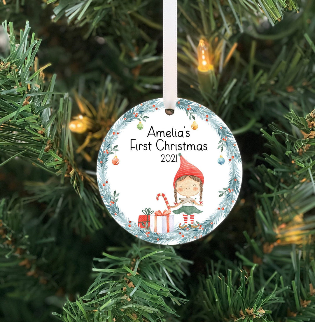 Babys First Christmas Ornament, Santas Elf Ornament, Baby girl Personalized Ornament, Photo Ornament, baby shower gift, girl elf ceramic