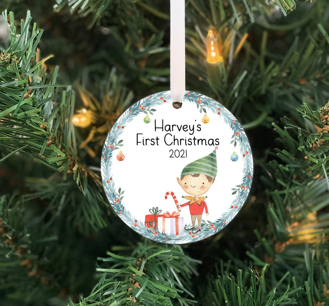 Babys First Christmas Ornament, Santas Elf Ornament, Baby boy Personalized Ornament, Photo Ornament, baby shower gift, Baby Boy elf ornament