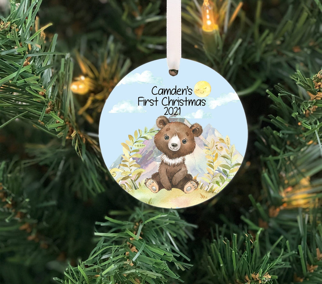 Babys First Christmas Ornament, bear Ornament, Baby woodland ornament, Baby Personalized Ornament, Photo Ornament, baby shower gift