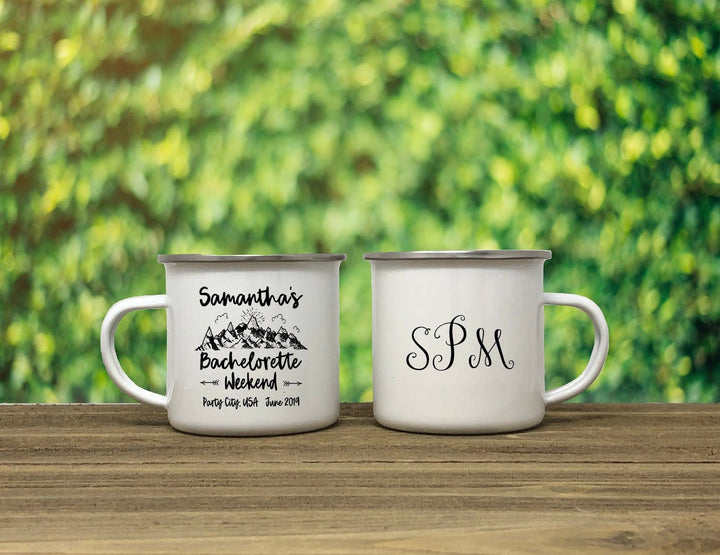 Bachelorette Party Camp mug, campfire mug, wedding favor, personalized camp mug, coffee mug, camping mug, mountain wedding, rustic wedding