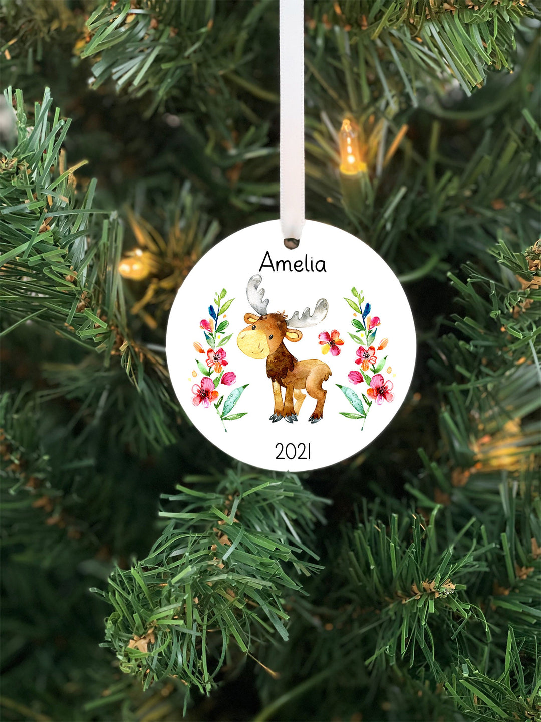 Moose Kids Christmas Ornament, Woodland Ornament,  Personalized Girl Ornament, Photo Ornament, baby shower gift, Childs ornament