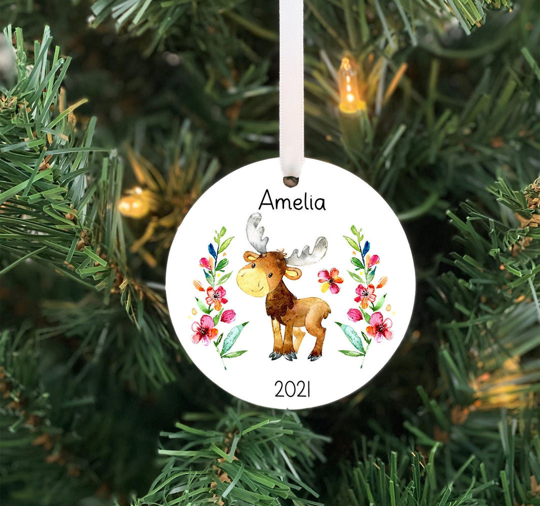 Moose Kids Christmas Ornament, Woodland Ornament,  Personalized Girl Ornament, Photo Ornament, baby shower gift, Childs ornament