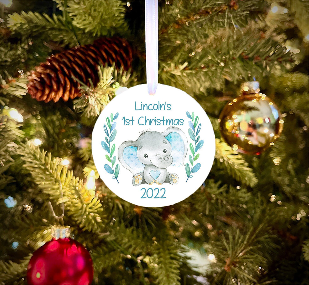 Kid's Blue Elephant Christmas Ornament, baby elephant Ornament, Kids Personalized Ornament, Photo Ornament, ceramic, Safari ornament
