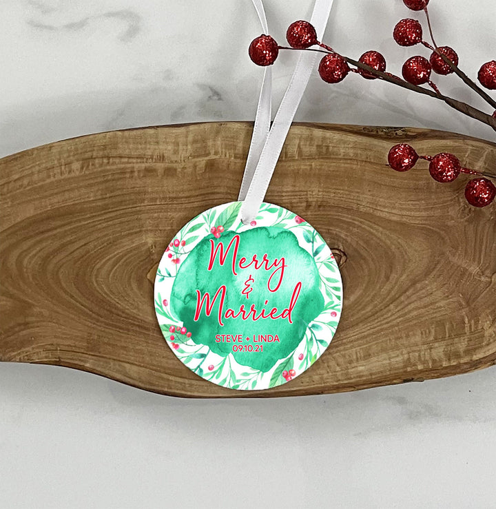 Merry and Married, Our First as Mr Mrs Christmas Ornament, First Christmas Married ornament, wedding gift ornament, rustic married ornament