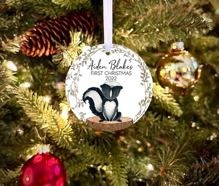 Baby's First Christmas Ornament, Personalized Baby Ornament, Babys 1st Christmas, woodland Baby Ornament,  photo Ornament, skunk ornament