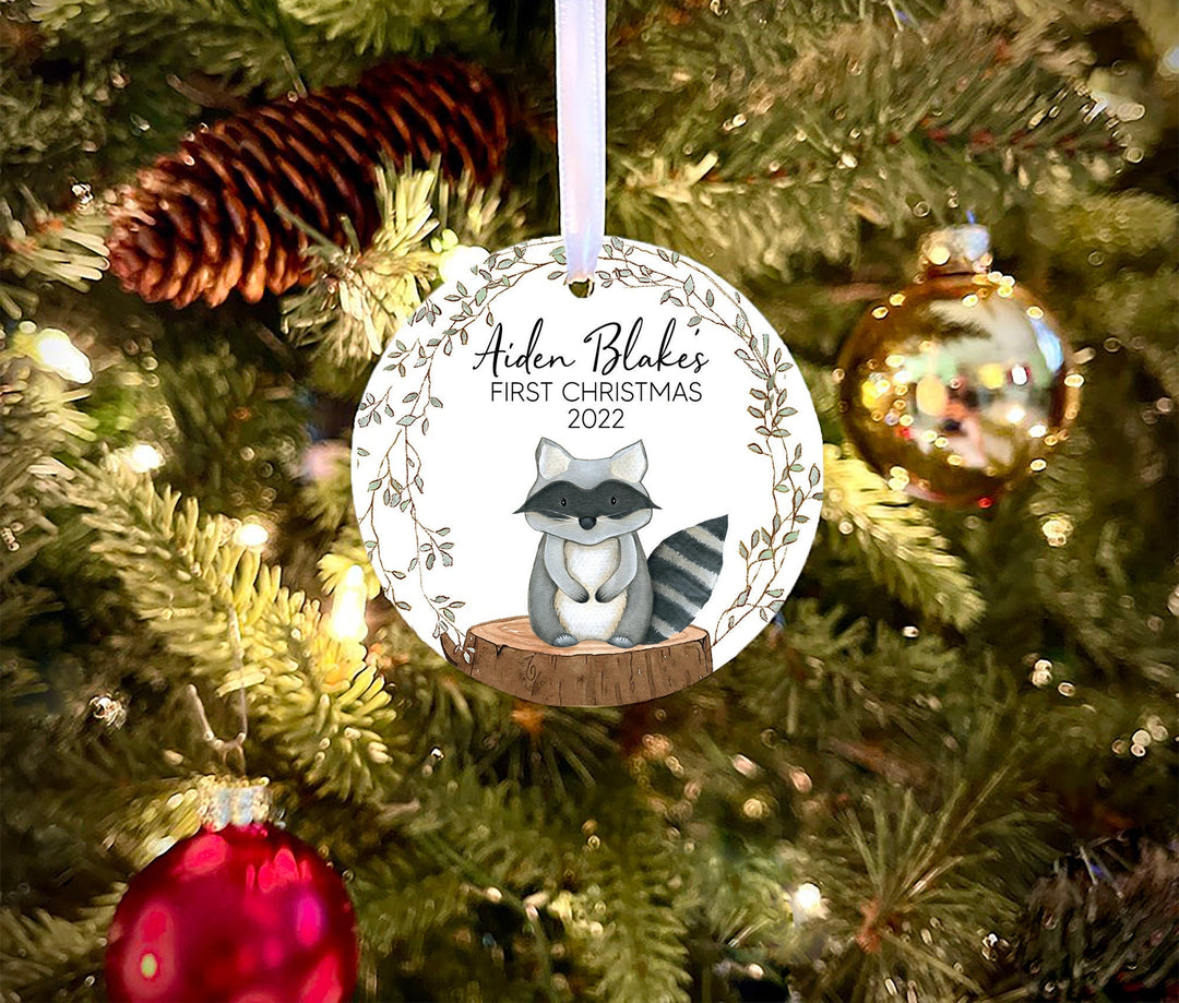 Baby's First Christmas Ornament, Personalized Baby Ornament, Babys 1st Christmas, woodland Baby Ornament,  photo Ornament, raccoon ornament
