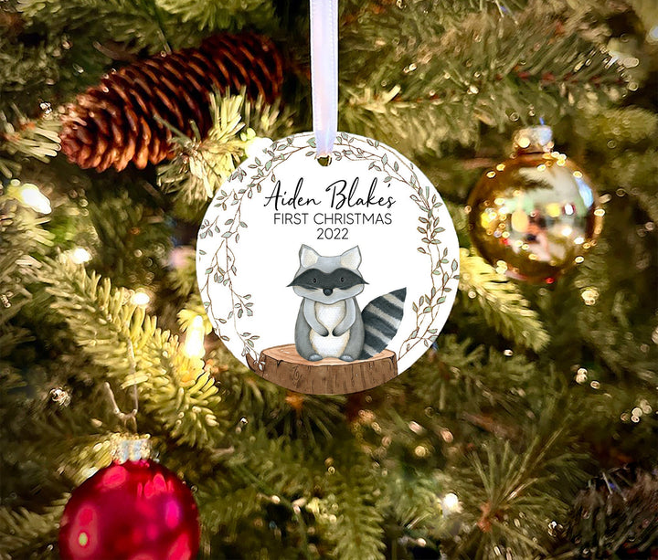Baby's First Christmas Ornament, Personalized Baby Ornament, Babys 1st Christmas, woodland Baby Ornament,  photo Ornament, raccoon ornament