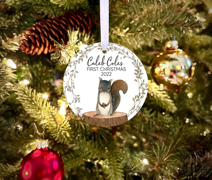 Baby's First Christmas Ornament, Personalized Baby Ornament, Babys 1st Christmas, woodland Baby Ornament,  photo Ornament, squirrel ornament