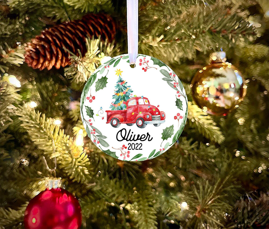 Personalized Kids Christmas Ornament, Truck Christmas Ornament, boy Ornament, personalized Kid ornament, little red truck boy ornament