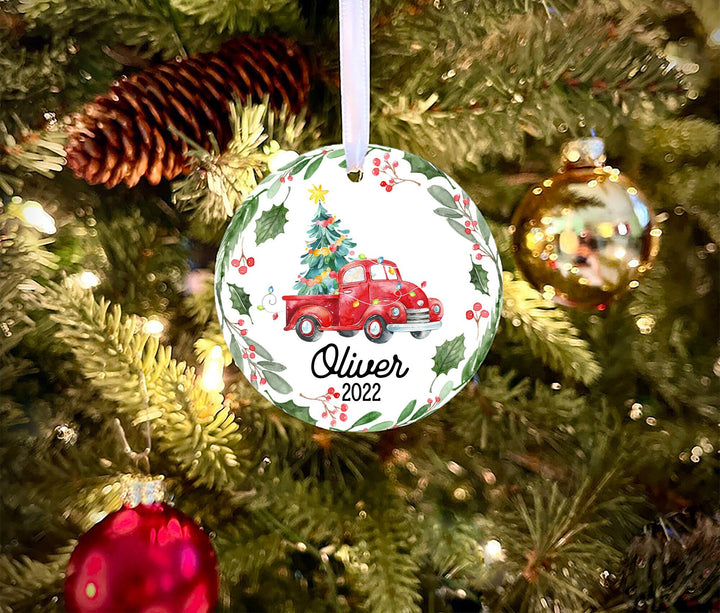 Personalized Kids Christmas Ornament, Truck Christmas Ornament, boy Ornament, personalized Kid ornament, little red truck boy ornament