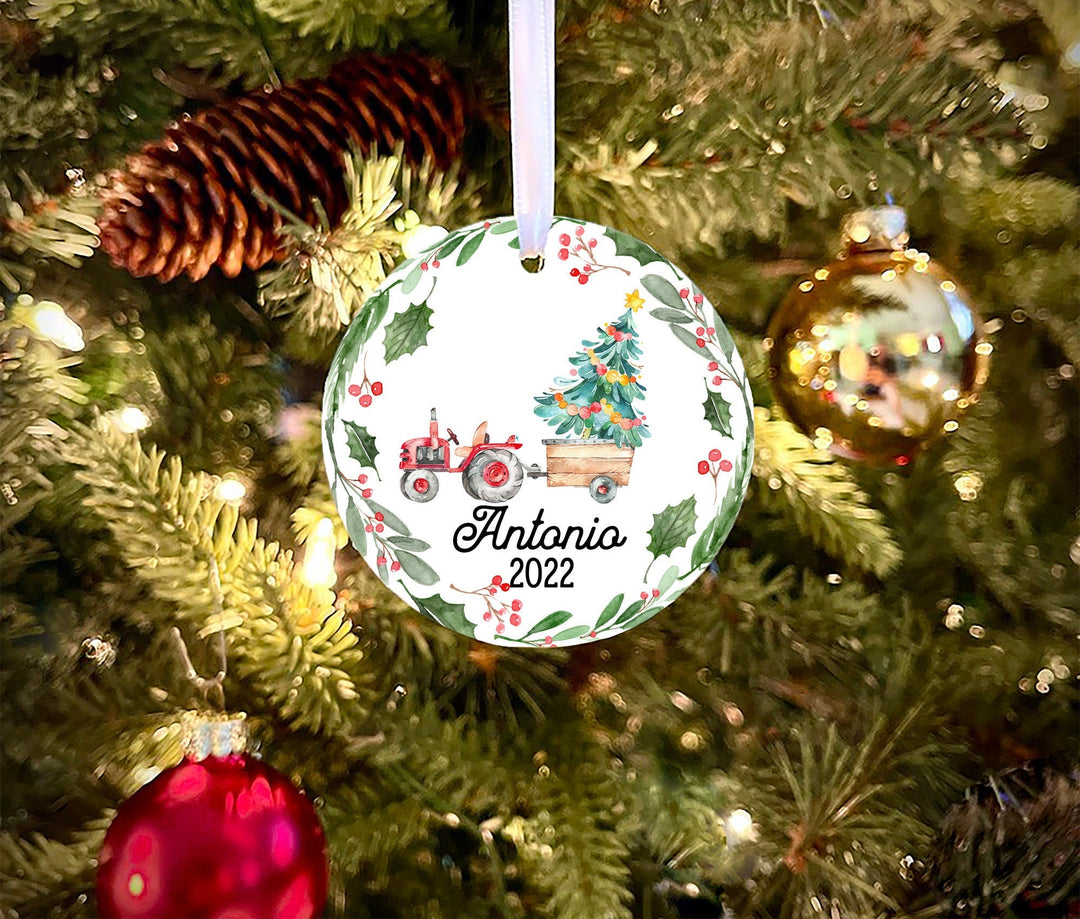 Personalized Kids Christmas Ornament, Kids Tractor Christmas Ornament, boy Ornament, personalized Kid ornament, red tractor boy ornament