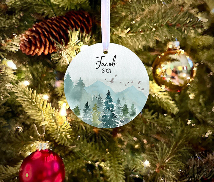 Mountain Christmas Ornament, Rustic Christmas Ornament, Personalized Ornament, Custom Ornament, ceramic ornament, forest Christmas ornament