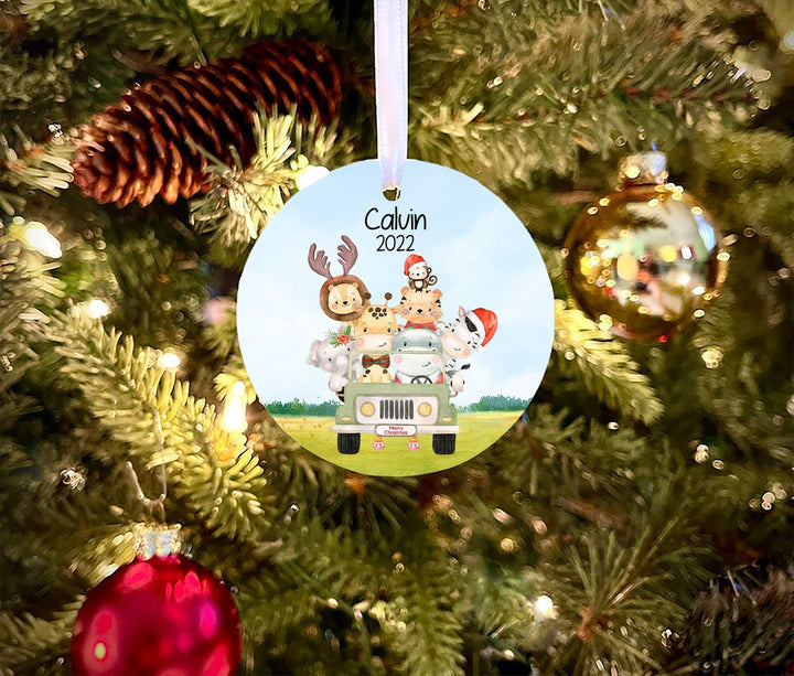 Children's Christmas Ornament, Safari Ornament,  Kids Personalized Ornament, giraffe lovers, Photo Ornament, ceramic, baby jungle