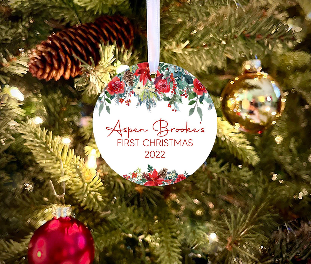 Babys First Christmas Ornament, Baby's 1st Christmas, baby girl Ornament, Christmas Flower Ornament, baby shower gift, Personalized Ornament