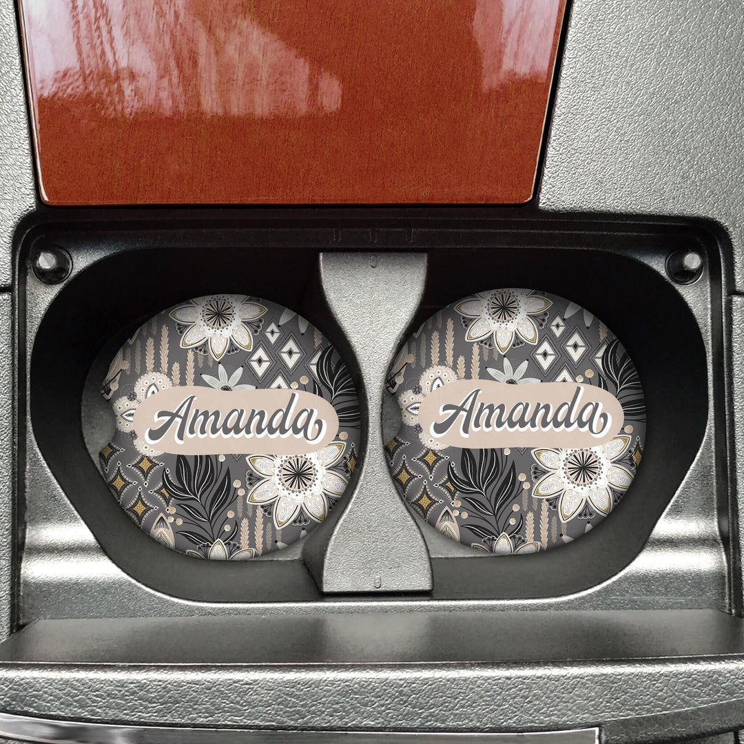 personalized boho car coasters, floral car coaster, boho cup holder coaster, retro car coasters, custom car coaster, boho car decor