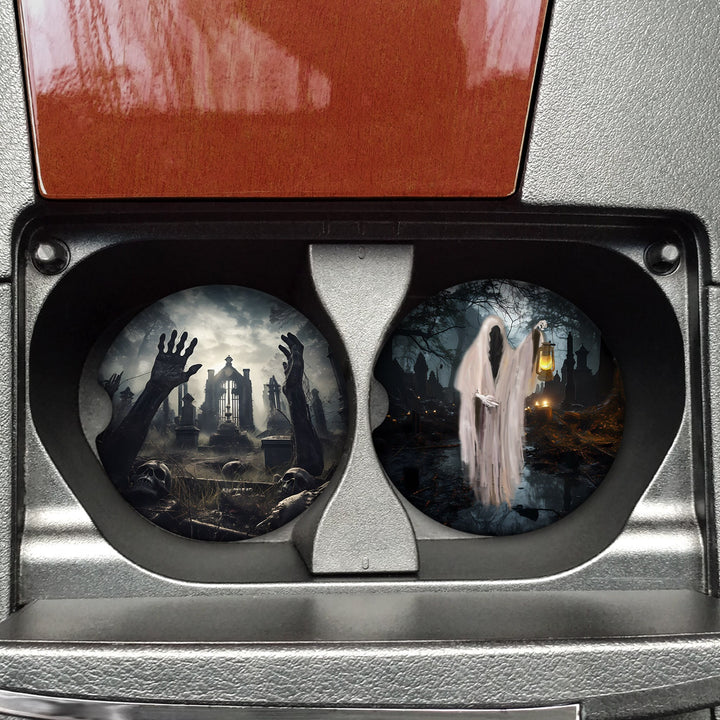 Halloween car coasters, spooky car coasters, scary car coasters, unique car coaster, halloween cup holder coaster, custom car coaster decor